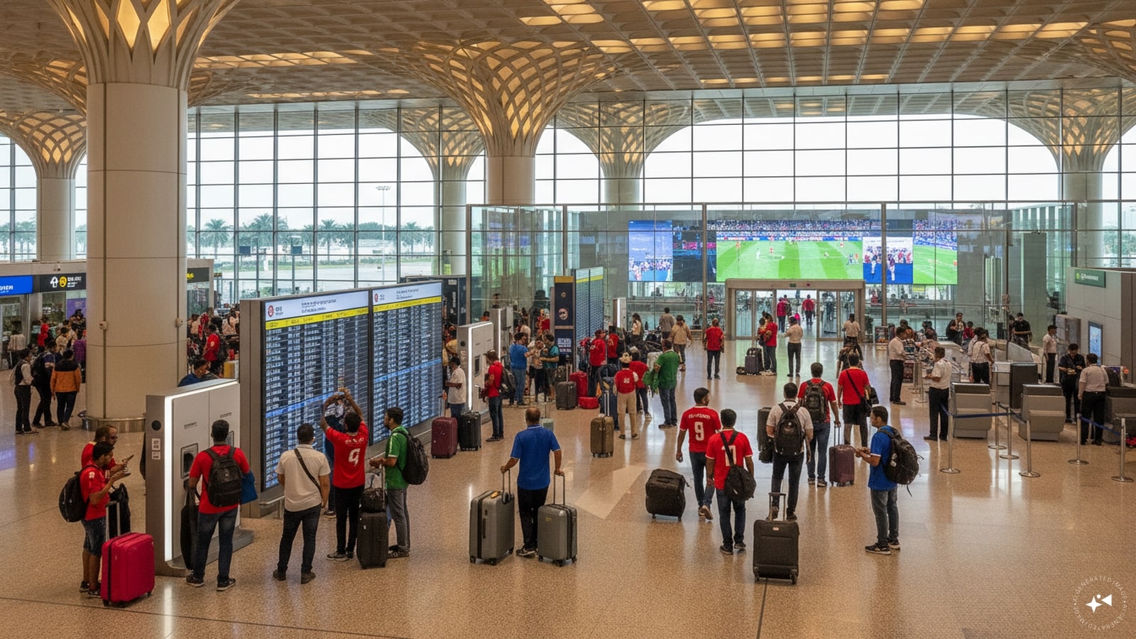 Arrive at the airport early, finish security checks before kick-off, keep track of boarding announcements, charge your devices, and leave enough time to reach your gate after the final whistle. (AI photo)