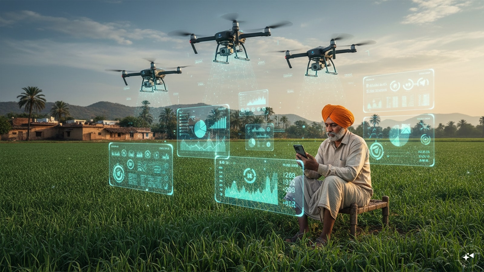 AI Is Helping Farmers Increase Productivity: Artificial intelligence is reaching Indian farms through drones, satellite imagery and smart sensors. AI helps farmers monitor crop health, predict weather patterns, detect pest attacks and optimize irrigation, enabling better decisions and improving agricultural productivity. (AI photo)