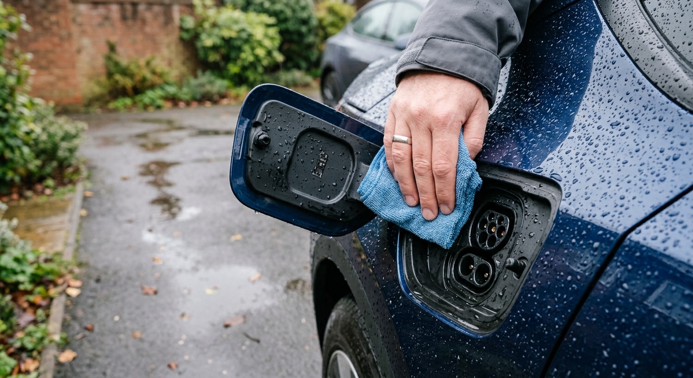 Dry a Wet Car First: If your EV has been parked in heavy rain, do not plug it in immediately. Wipe down the charging flap area with a clean microfibre cloth to prevent ambient water droplets from entering the charging socket.