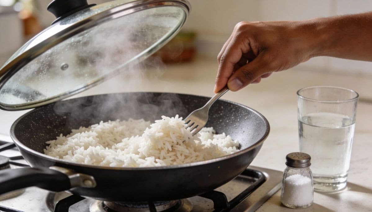  Warm the rice in a pan over low heat without adding extra water. Stir gently to remove excess moisture without breaking the grains further.