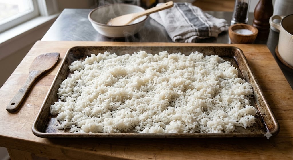 Spread the rice on a large plate or baking tray and let it cool for 10-15 minutes. This allows excess steam to escape, preventing it from becoming even softer.