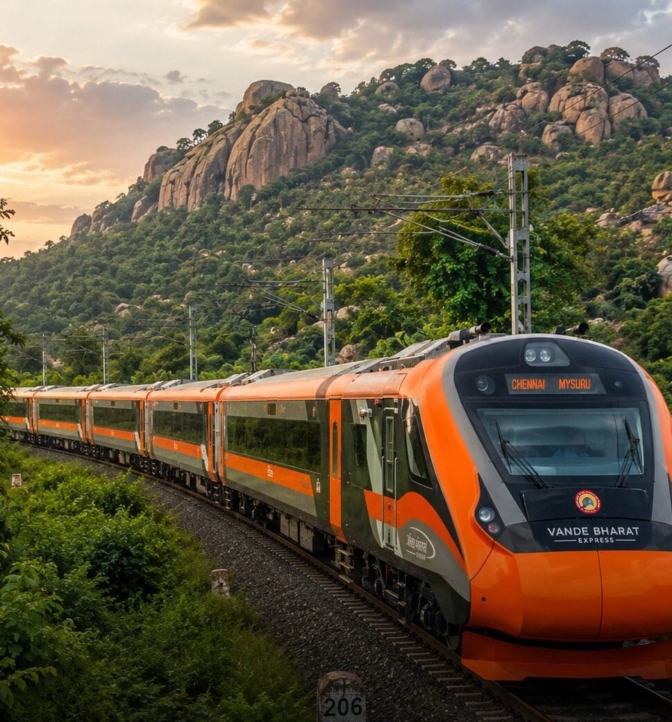 Chennai-Mysuru: South India’s Changing LandscapesThe Chennai-Mysuru Vande Bharat offers a different kind of scenic journey. The landscape changes as the train moves from the plains around Chennai towards the greener areas of Karnataka. The route passes through cities and countryside, making it an interesting choice for travellers who enjoy seeing how the landscape changes between states.
