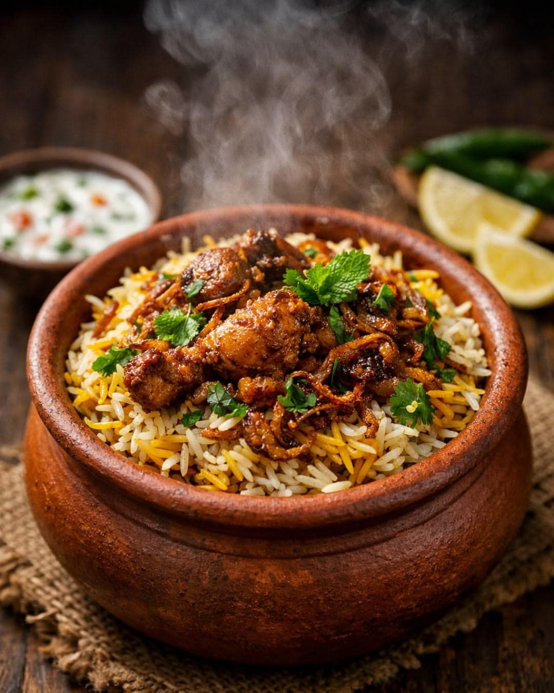 Biryani – HyderabadHyderabadi Biryani is one of India's most famous rice dishes. Fragrant basmati rice is layered with marinated meat, spices and herbs before being cooked together, creating a rich and aromatic meal.