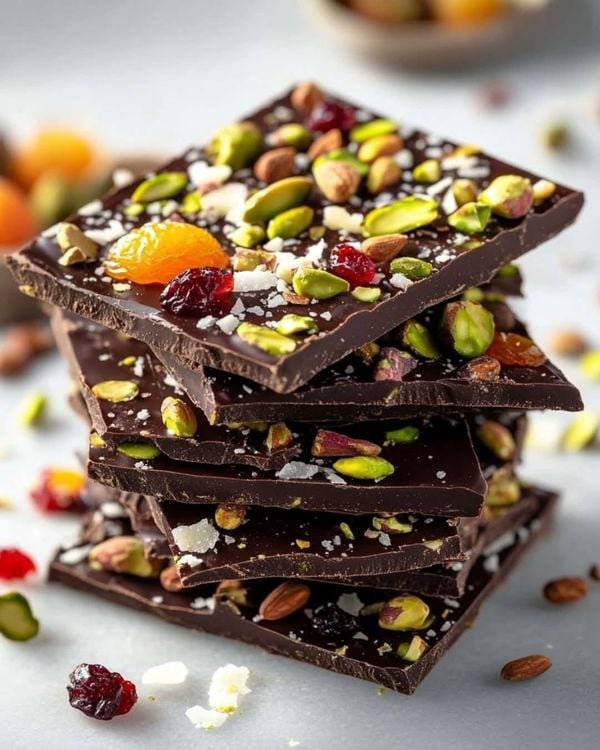Chocolate Bark with Dried Fruits: Spread melted dark chocolate evenly onto a baking sheet lined with parchment paper. Scatter roasted almonds, pistachio slivers, and dried cranberries over the top. Freeze for 15 minutes, then break into rustic shards for a quick, crispy snack. Chocolate Bark with Dried Fruits: Spread melted dark chocolate evenly onto a baking sheet lined with parchment paper. Scatter roasted almonds, pistachio slivers, and dried cranberries over the top. Freeze for 15 minutes, then break into rustic shards for a quick, crispy snack.