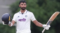 Devdutt Padikkal celebrates after scoring century on Day 2 of warm-up match