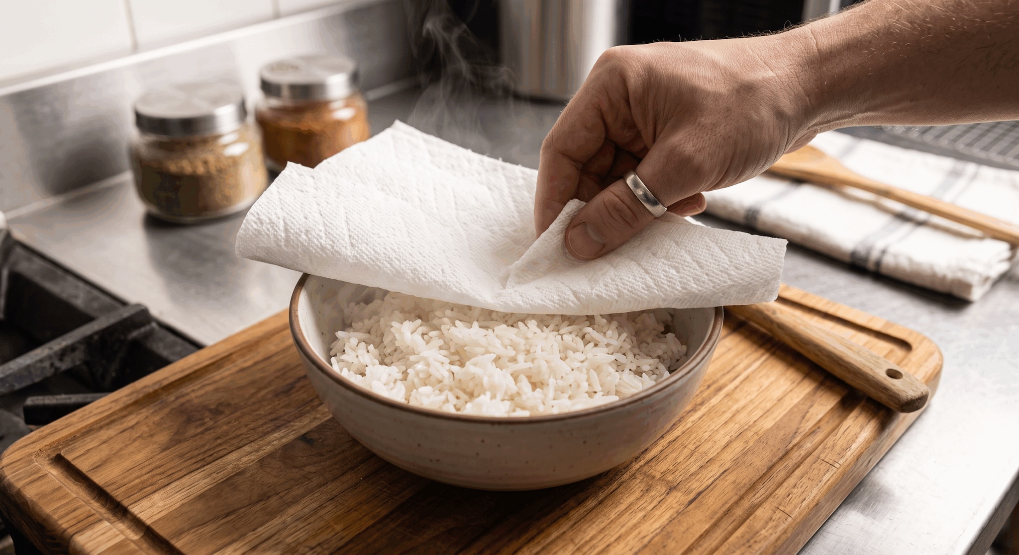 If the rice is still very wet, place a clean paper towel over the bowl before covering it. The towel absorbs excess steam and moisture.