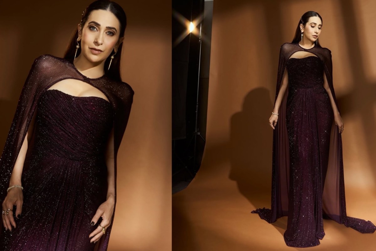 Karisma Kapoor Shows How To Ace Evening Glamour In A Sparkling Plum Cape Gown