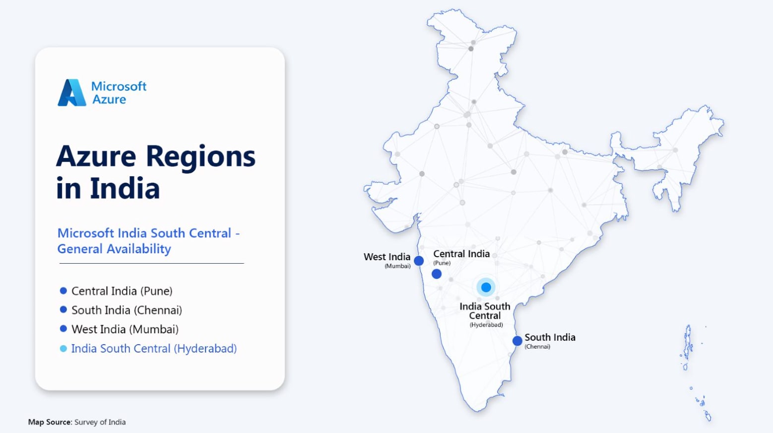 It Started With Three Cities in 2015Microsoft's data centre journey in India began in September 2015, when it launched Azure cloud services from three local facilities at once: Pune (Central India), Mumbai (West India), and Chennai (South India). The launch made Microsoft the first major US hyperscaler to offer commercial public cloud services entirely hosted within India, notably arriving ahead of both Amazon Web Services and Google Cloud, neither of which had a local India presence at the time. It Started With Three Cities in 2015Microsoft's data centre journey in India began in September 2015, when it launched Azure cloud services from three local facilities at once: Pune (Central India), Mumbai (West India), and Chennai (South India). The launch made Microsoft the first major US hyperscaler to offer commercial public cloud services entirely hosted within India, notably arriving ahead of both Amazon Web Services and Google Cloud, neither of which had a local India presence at the time.