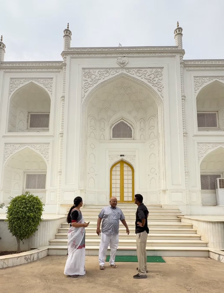 The Taj Mahal inspiration continues inside the house. The interiors feature marble walls and floors, flower motifs, lattice-style windows, marble columns and a curving staircase. A gilded ceiling adds another elaborate touch to the drawing room. The Taj Mahal inspiration continues inside the house. The interiors feature marble walls and floors, flower motifs, lattice-style windows, marble columns and a curving staircase. A gilded ceiling adds another elaborate touch to the drawing room.