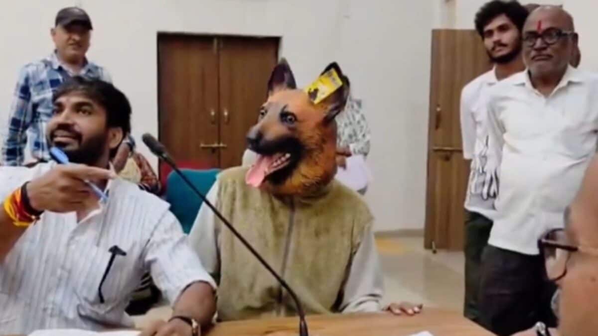நாய் வேடமிட்டு காண்ட்வா கலெக்டரேட்டில் போராட்டம்