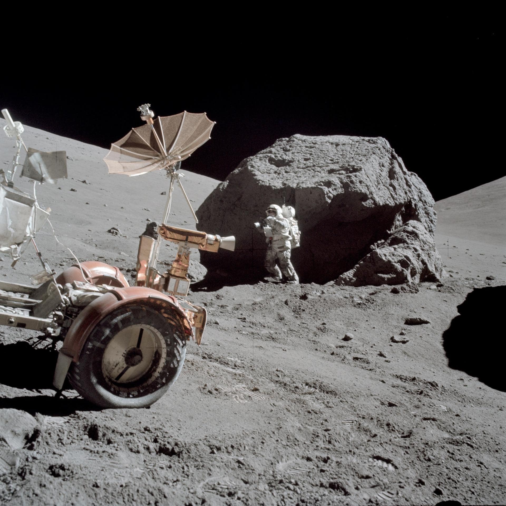 The LRV was a lightweight, electric vehicle designed to operate in the low-gravity vacuum of the Moon. It was capable of traversing the lunar surface, allowing Apollo astronauts to extend the range of their extravehicular activities. (Credit: NASA) The LRV was a lightweight, electric vehicle designed to operate in the low-gravity vacuum of the Moon. It was capable of traversing the lunar surface, allowing Apollo astronauts to extend the range of their extravehicular activities. (Credit: NASA)