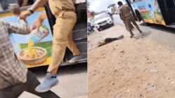The footage, filmed by bystanders and widely shared online, appears to show the conductor kicking the man as he tries to board the moving bus.