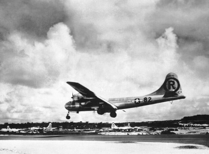 The B-29 Enola Gay aircraft lands at Tinian after completing the mission that dropped the first atomic bomb used in warfare over Hiroshima. (Image: AP file)