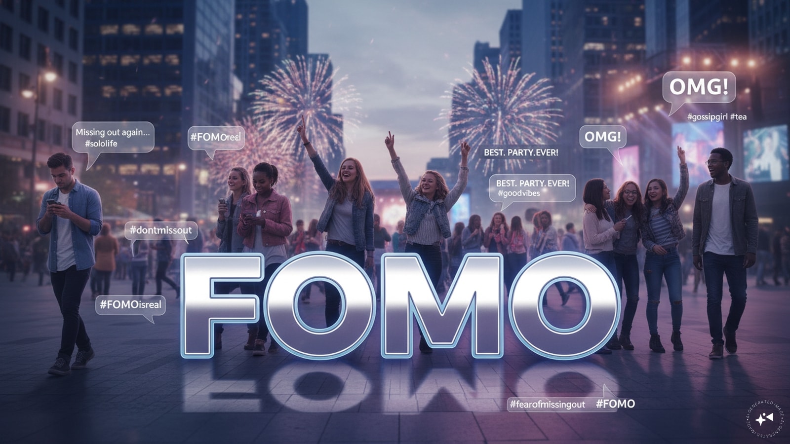 Hence, the term FOMO came from one student’s real need and real concern, after 9/11, not to waste one single minute, which was distilled down to a satirical newspaper piece in less than an hour. After twenty years, the term is correlates with anxiety, social media addiction, and lower well-being, especially among the youth. (Image: AI generated)