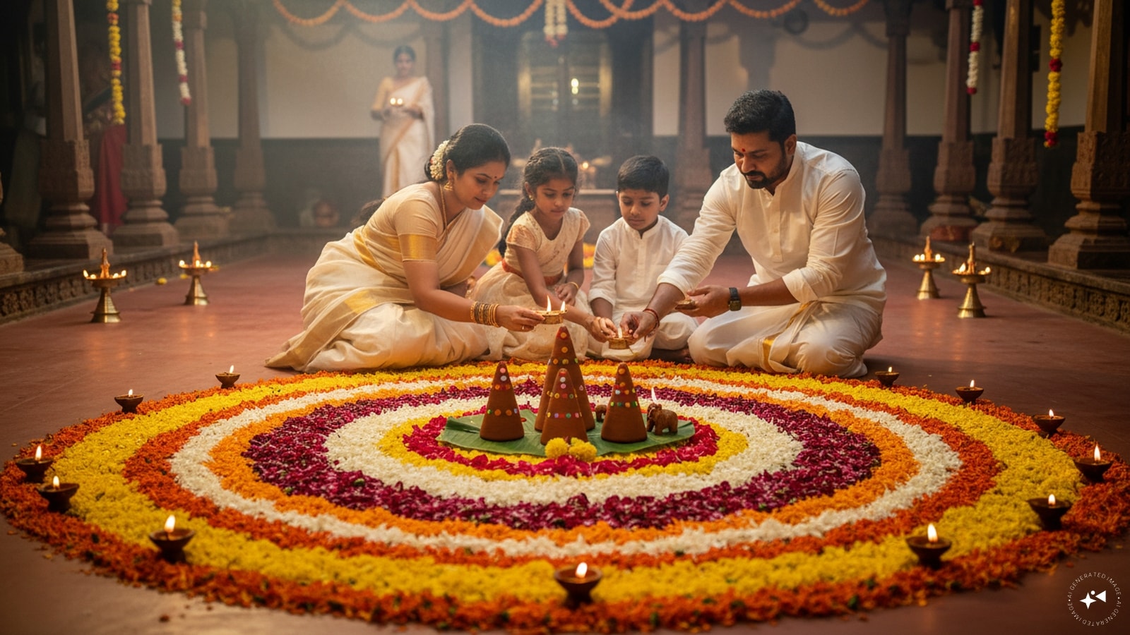Pooradam — August 24, 2026: Pooradam is the eighth day and has a special place in traditional Onam rituals. In some traditions, small figures associated with Mahabali and Vamana, commonly known as Onathappan or Thrikkakara Appan, are placed at the centre of the Pookkalam. Practices can vary across regions and communities. Nakshatra timing: Pooradam Nakshatra begins at 5:44 PM on August 23 and ends at 8:28 PM on August 24. (AI photo)