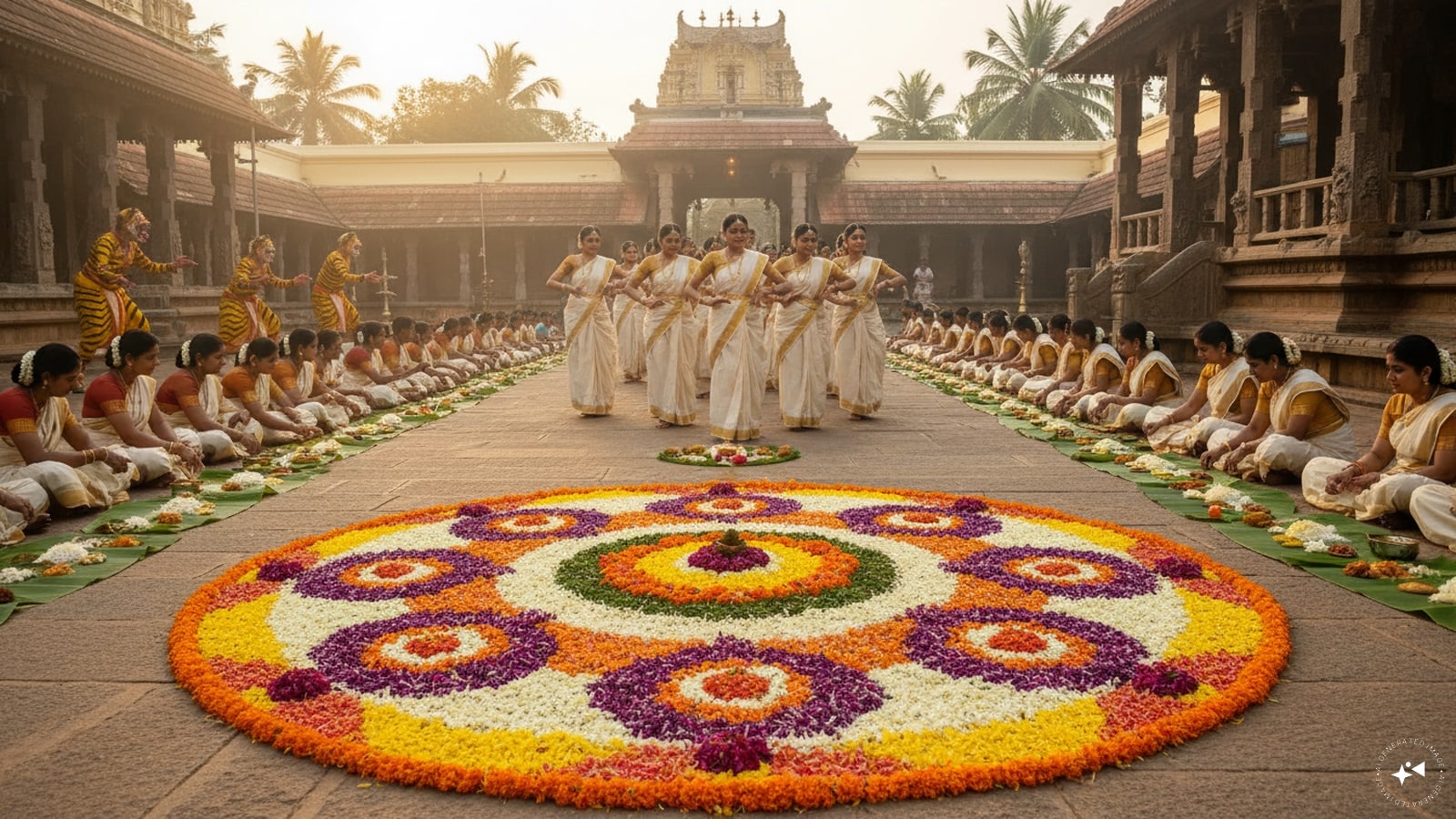 Moolam — August 23, 2026: Moolam is the seventh day of the traditional Onam sequence and marks a significant rise in festive activity. In several places, Onasadya begins to be served, including at temples, while traditional performances such as Pulikali and Kaikottikali add to the celebrations. Pookkalams also take on more distinctive forms. Nakshatra timing: Moolam Nakshatra begins at 2:49 PM on August 22 and ends at 5:44 PM on August 23. (AI photo)