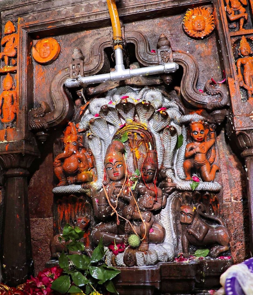 The shrine houses an ancient idol traditionally dated to the 11th century. It depicts Lord Shiva and Goddess Parvati seated on a coiled serpent, with the serpent's hood spread above them. Accounts differ over the exact number of serpent hoods, so the image is best described as a distinctive multi-hooded Naga form. (Image: templeconnect_/Instagram)