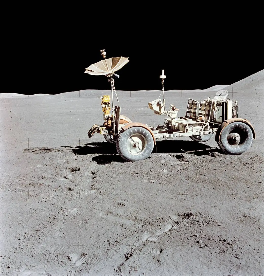 Lunar Roving Vehicle (US, Apollo 15–17, 1971–72) — NASA's astronaut-driven "moon buggy," never given a poetic name. (Credit: NASA) Lunar Roving Vehicle (US, Apollo 15–17, 1971–72) — NASA's astronaut-driven "moon buggy," never given a poetic name. (Credit: NASA)