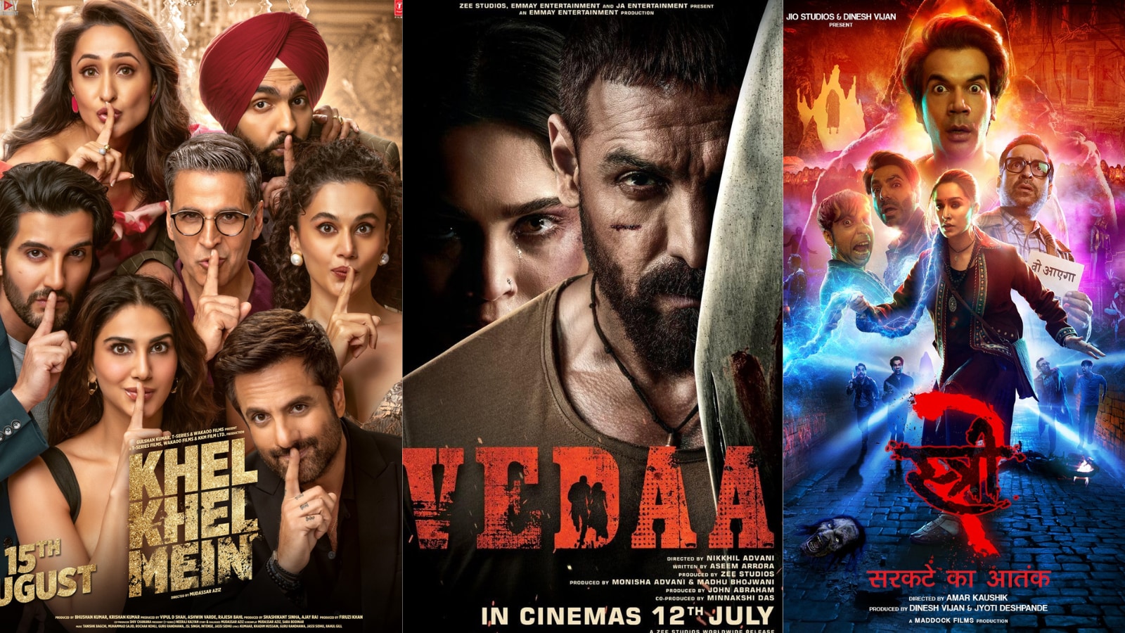 Khel Khel Mein vs Vedaa vs Stree 2 (2024): While Akshay Kumar's Khel Khel Mein had an average run at the box office with Rs 40 crores, John Abraham's Vedaa was a flop, collecting just Rs 20 crores. In contrast, Stree 2 emerged as a historic blockbuster, raking in over Rs 627 crores in India alone. Khel Khel Mein vs Vedaa vs Stree 2 (2024): While Akshay Kumar's Khel Khel Mein had an average run at the box office with Rs 40 crores, John Abraham's Vedaa was a flop, collecting just Rs 20 crores. In contrast, Stree 2 emerged as a historic blockbuster, raking in over Rs 627 crores in India alone.