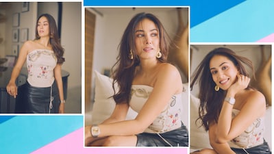 For Kareena Kapoor Khan’s show, Mira Kapoor served soft-girl glamour with an edge, pairing an embroidered Anamika Khanna corset with a sleek black leather skirt.