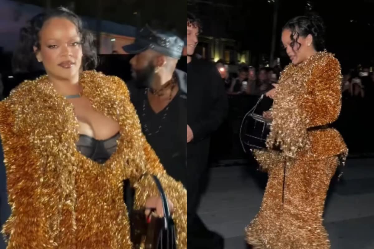 Rihanna Brings Maximalist Drama In Custom Copper Tinsel Skirt Suit By Matières Fécales At PFW