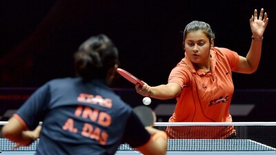 New Delhi: Sutirtha Mukherjee of India in action against Ankita Das of India  during Women's Singles Round 1 match held as part of the 2017 ITTF WORLD TOUR India at the Thyagaraj Sports Complex in New