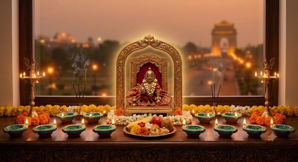 Decorative Earthen Diya Displays: Elevate traditional oil lamps by hand-painting plain clay diyas with peacock colors—teal blue, emerald green, and gold. Arrange them symmetrically along windowsills and around the altar to illuminate your home brightly during the evening aarti.