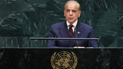 Pakistan’s Prime Minister Muhammad Shehbaz Sharif addresses the 81st United Nations General Assembly (UNGA) at UN headquarters in New York City, US. (Reuters)
