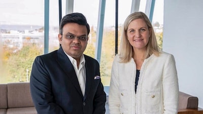 In this image posted on Oct. 30, 2025, Chairman of the board of directors of the ICC Jay Shah meets International Olympic Committee (IOC) President Kirsty Coventry. (@JaySha
