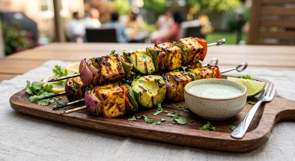 Avocado Paneer Tikka Skewers: Cubed paneer and firm avocado chunks are marinated in hung curd, tandoori spices, and lemon, then grilled on skewers. This low-carb, high-protein appetizer pairs smoky char marks with a rich, melt-in-your-mouth interior for a healthy starter.