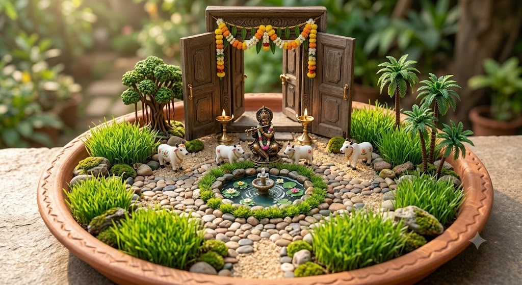 Miniature Vrindavan Garden Courtyard: Set up a small tray filled with real grass, miniature clay cows, tiny palm trees, and small pebbles. Placing a pocket-sized idol of Lord Krishna in the center creates a charming, eco-friendly visual representation of His legendary Gokul surroundings.