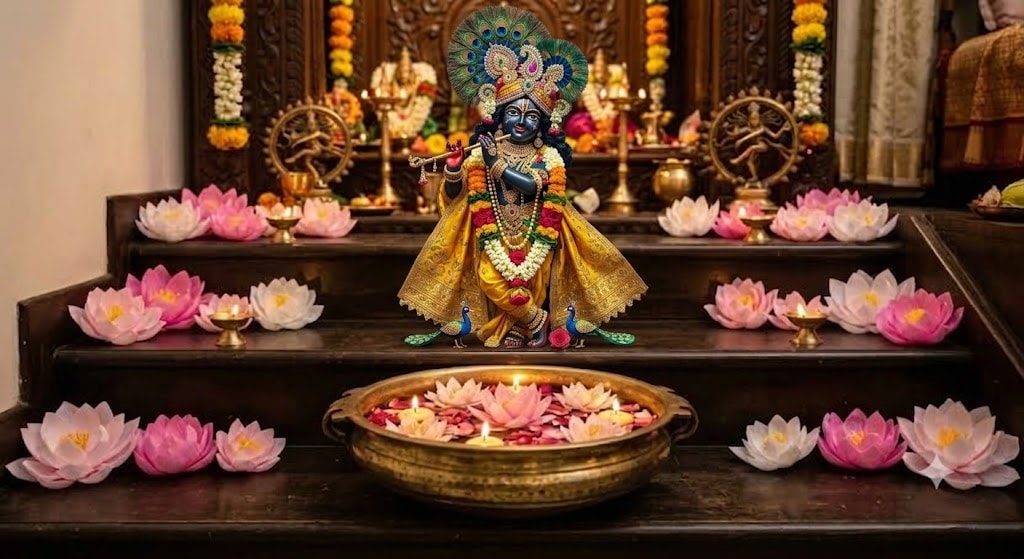 Paper Lotus Flowers for Altar Steps: Craft elegant lotus blossoms using pink and white crepe paper or craft sheets. Scatter these handmade flowers along the steps of your altar or float them in a shallow brass bowl (urli) filled with water and floating candles.