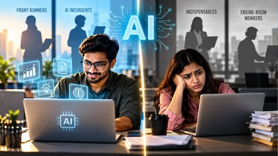 PwC identifies four groups in the AI workplace: front-runners (14%) combine strong AI skills with in-demand expertise; engine-room workers (56%) report lower AI use; AI insurgents (18%) use AI aggressively; and indispensables (11%) have hard-to-replace skills but lower AI adoption.