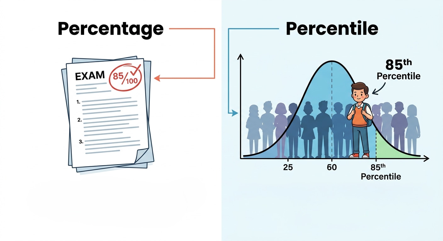 What Does Percentile Mean?Percentile indicates how your performance compares with that of other people in the same group. For example, if you are in the 90th percentile, it generally means you performed better than about 90% of the people in that particular group. It does not mean that you scored 90% marks.