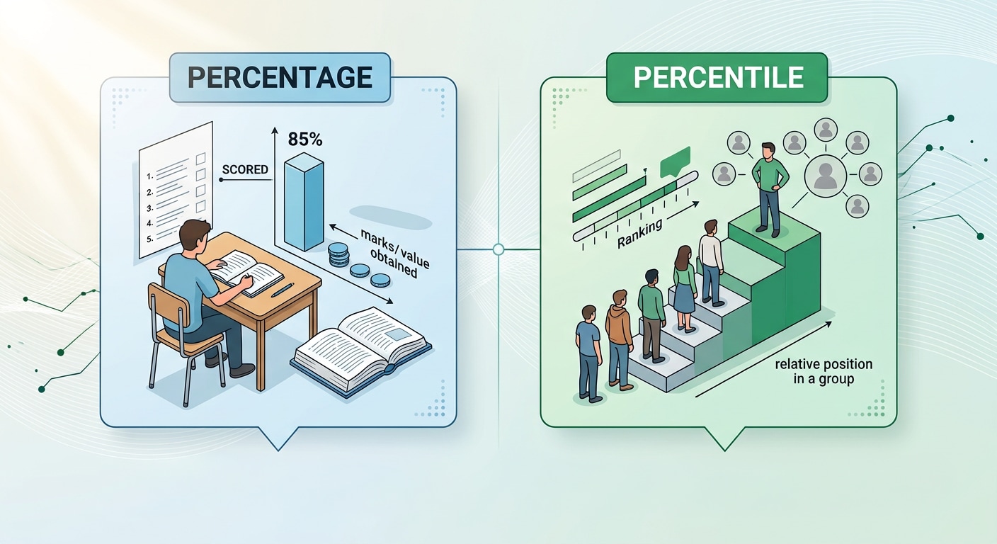 The easiest way to remember it is:Percentage = How much you scored and Percentile = How you performed compared with others. So, percentage is based on the marks or value you obtained, while percentile is based on your relative position in a group.