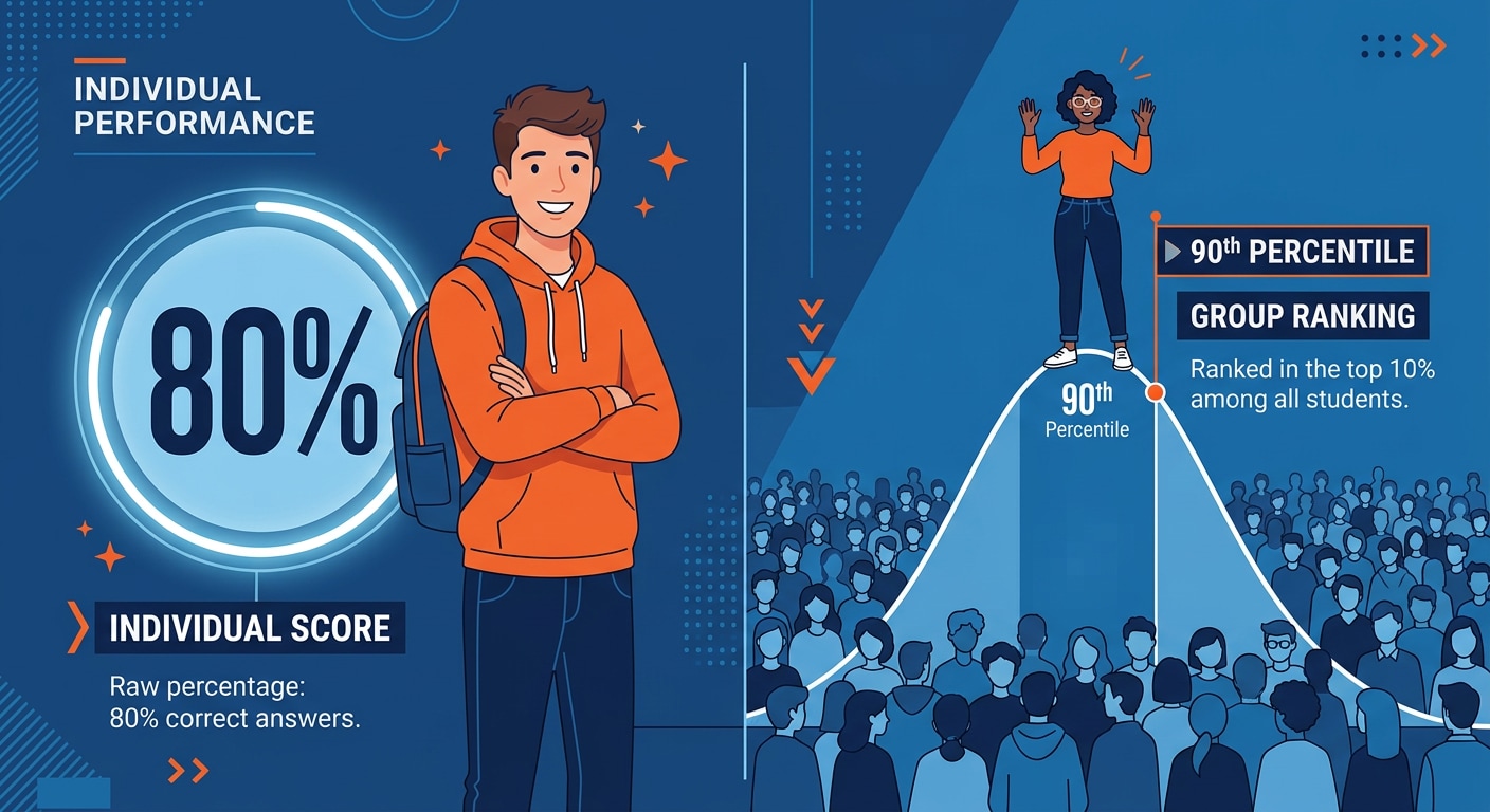 Imagine 1,000 students take an examination. Student A scores 80% marks. Student B is at the 90th percentile. These two numbers cannot be directly compared. Student A's 80% tells us that they got 80 out of every 100 marks available. Student B's 90th percentile tells us that their performance was higher than approximately 90% of the students in that particular group.