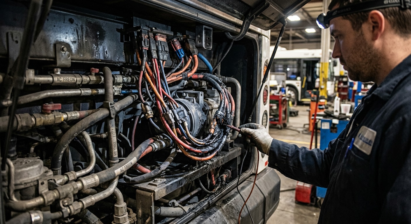 Problems In The AC System: AC buses have additional electrical and mechanical components compared with non-AC vehicles. A fault in wiring, a damaged component or overheating in the system can potentially become a source of ignition. Problems In The AC System: AC buses have additional electrical and mechanical components compared with non-AC vehicles. A fault in wiring, a damaged component or overheating in the system can potentially become a source of ignition.
