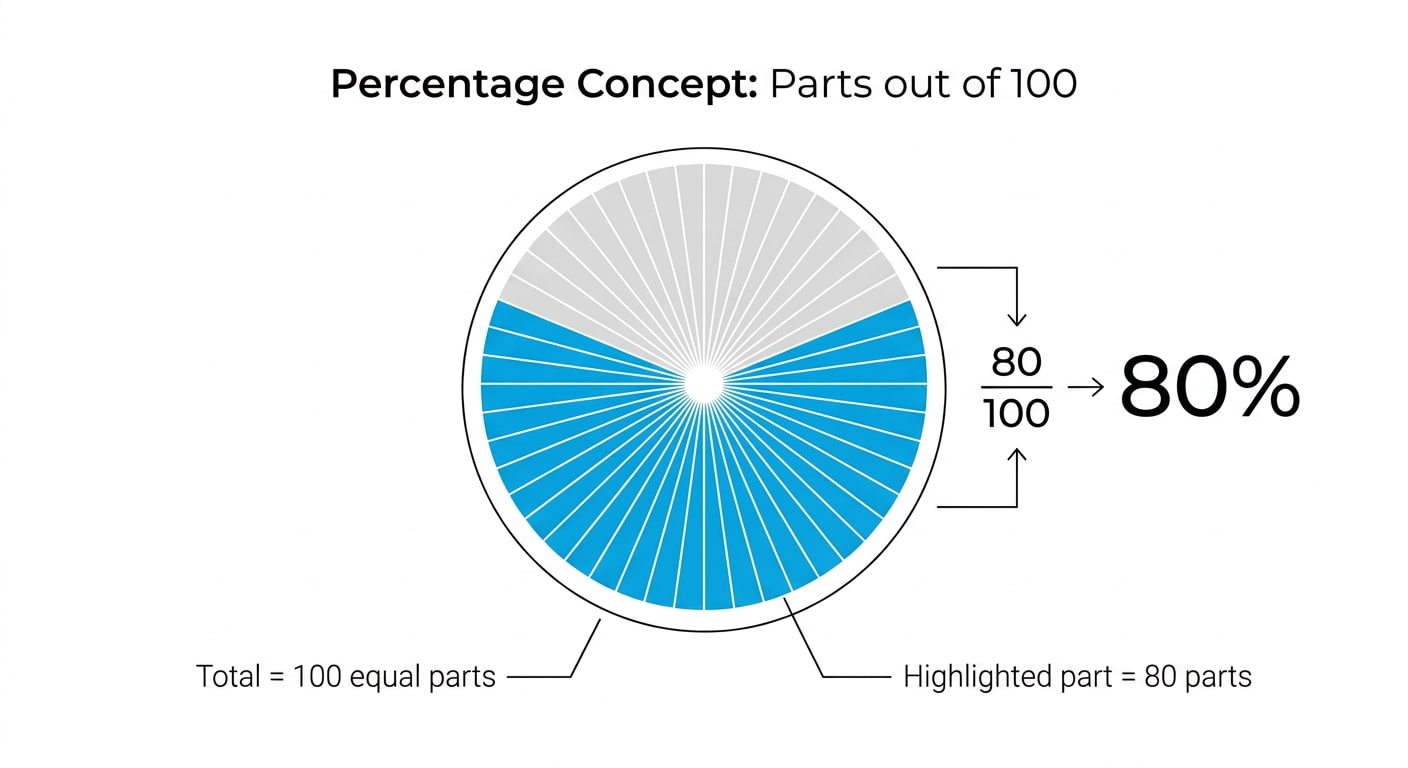 What Does Percentage Mean?Percentage refers to a part of a whole expressed out of 100. It is calculated by dividing the marks obtained by the total marks and multiplying the result by 100. For example, if you score 80 marks out of 100, your percentage is 80%. If you score 400 out of 500: (400 ÷ 500) × 100 = 80%. So, percentage focuses on your own performance against the total marks.