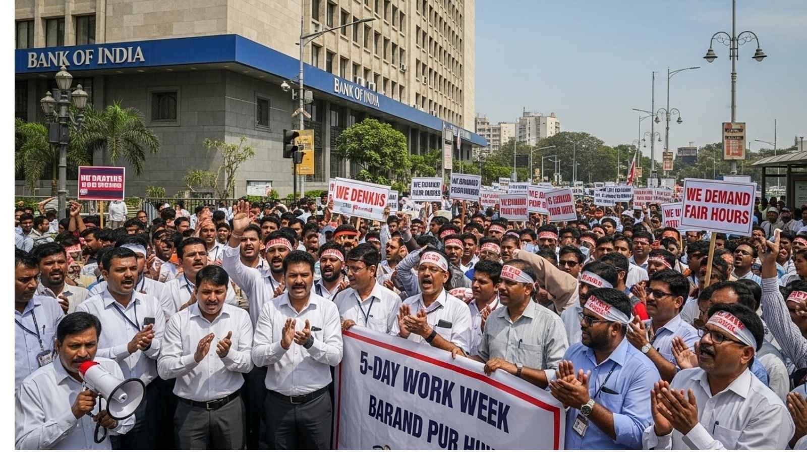 Unions are demanding a mandatory five-day workweek, proposing slightly extended daily operating hours from Monday to Friday to compensate for Saturdays. Though included in the March 2024 bipartite settlement, government approval and implementation remain pending. Unions are demanding a mandatory five-day workweek, proposing slightly extended daily operating hours from Monday to Friday to compensate for Saturdays. Though included in the March 2024 bipartite settlement, government approval and implementation remain pending.