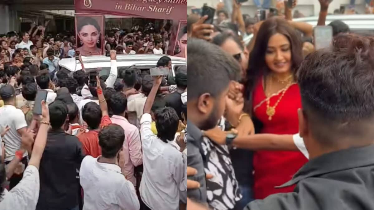 பீகாரில் போஜ்புரி நடிகை காஜல் ராக்வானி கூட்டத்தால் சூழப்பட்டார்; கார் சேதம்