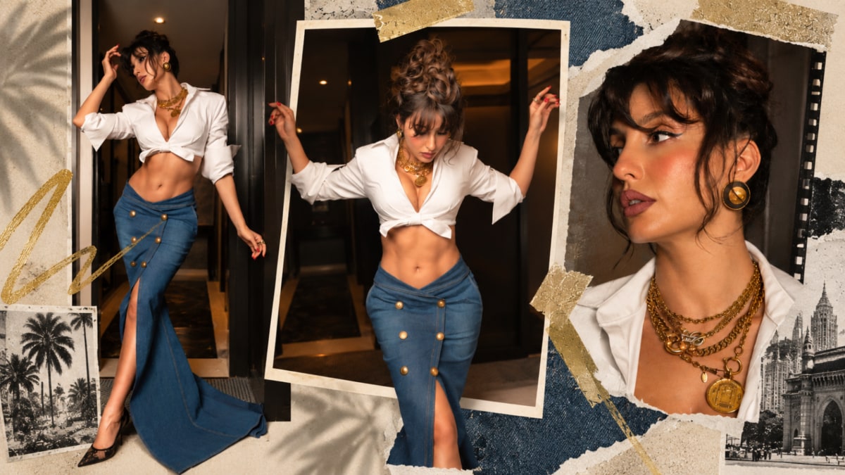 Nora Fatehi Channels Major '90s Glam In A White Shirt And Denim Skirt