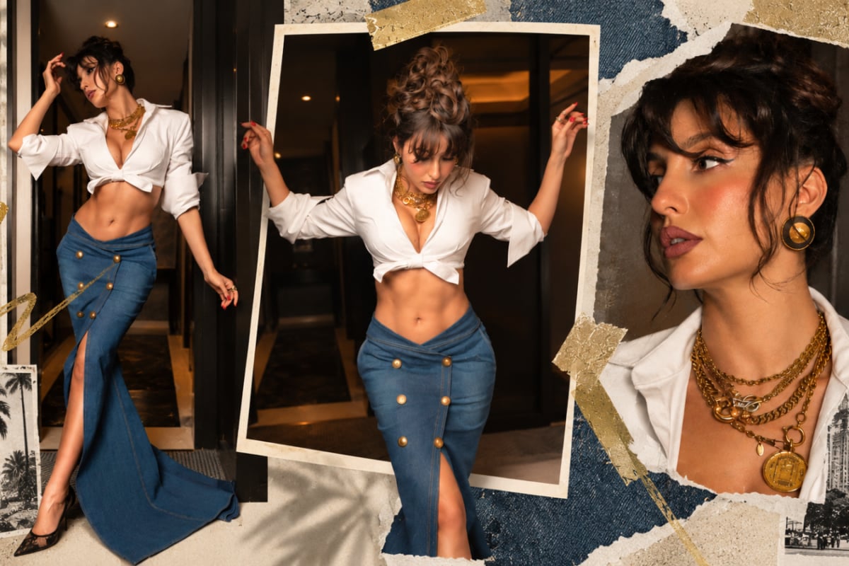 Nora Fatehi Channels Major ’90s Glam In A White Shirt And Denim Skirt