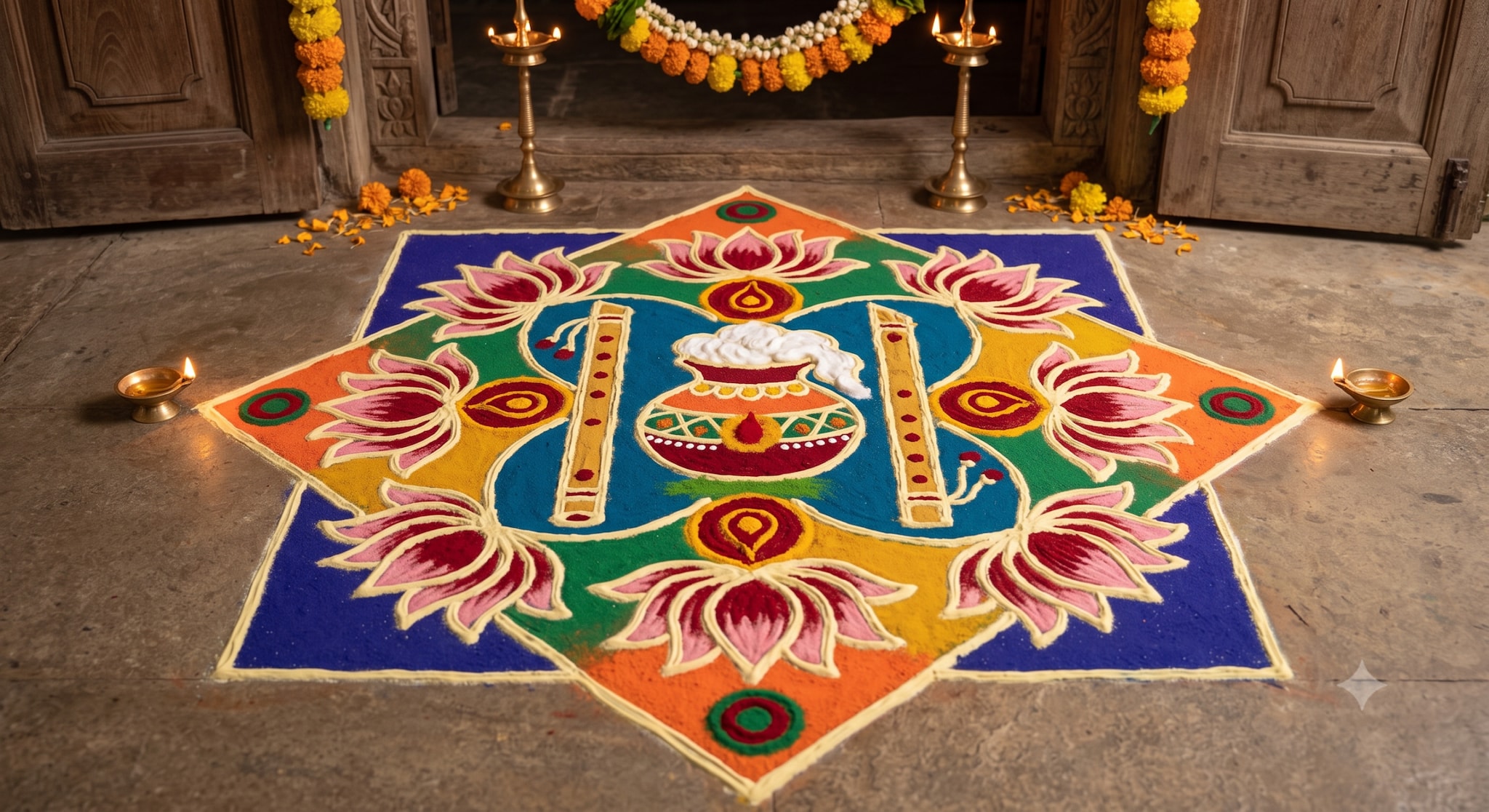 Traditional Chandan And Kumkum Rangoli: Welcome divine energy at your home’s entrance by drawing symmetrical rangoli patterns featuring flutes, matkis, and lotus flowers. Use vibrant colours alongside sandalwood paste and red kumkum to add a deeply authentic and traditional festive touch.