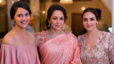 Hema Malini poses with daughters Esha Deol and Ahana Deol in a family photo shared on Daughter’s Day.