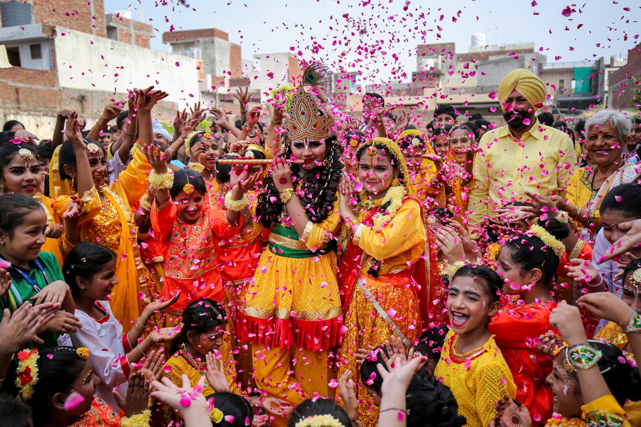 Children dressed as Lord Krishna and Goddess Radha during a celebration on the eve of Janmashtami festival in Amritsar, Punjab. (PTI Photo) Children dressed as Lord Krishna and Goddess Radha during a celebration on the eve of Janmashtami festival in Amritsar, Punjab. (PTI Photo)