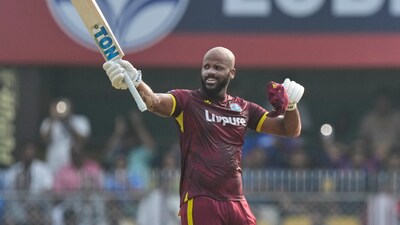 West Indies' John Campbell celebrates his century during the second one-day international cricket match between India and West Indies in Guwahati, India, Wednesday, Sept. 30, 2026.(AP Photo/ Anupam Nath)