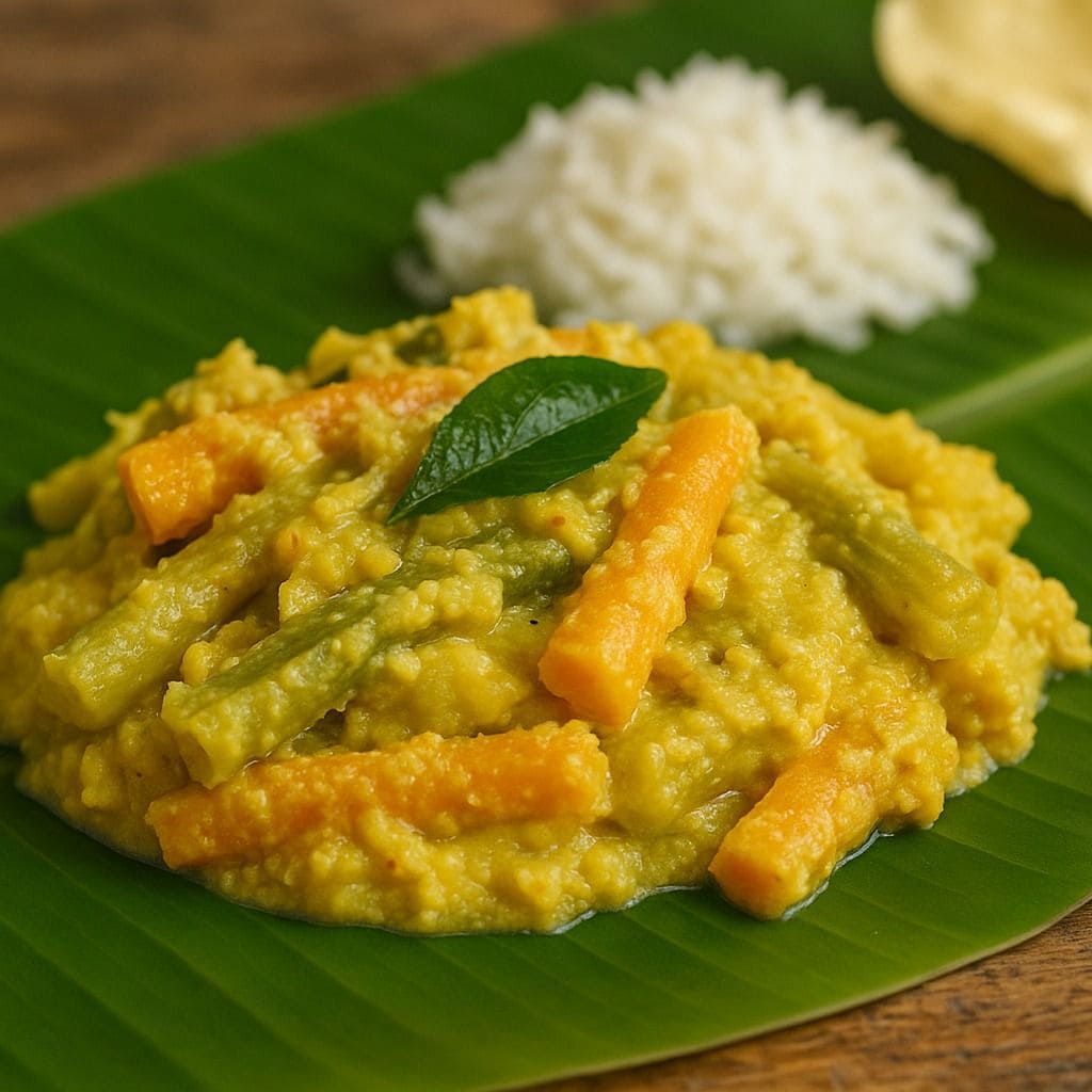 Kerala Avocado Coconut Curry: Fragrant coconut milk forms the base of this gentle coastal stew, simmered with turmeric, mustard seeds, and curry leaves. Avocado cubes added at the end soak up the aromatic broth, creating melt-in-your-mouth bites packed with healthy fats.