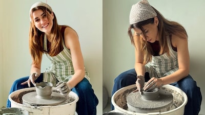 Kriti Sanon shapes clay on a pottery wheel during her first pottery session after putting the hobby off for years.