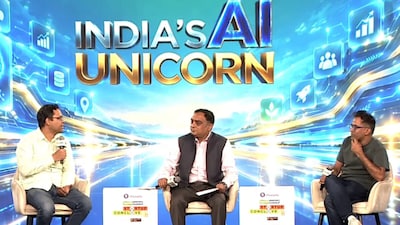 Pratyush Kumar, Mukund Jha and Nalin Mehta during the “India’s AI Unicorns: Models, Moats & the Race to Scale” panel at Moneycontrol Startup Conclave 2026.