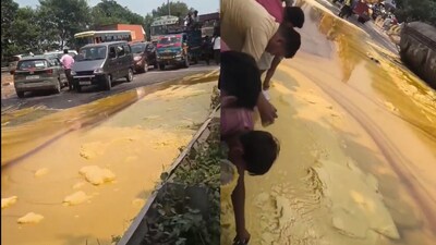 People from nearby area gathered at the location and were seen collecting desi ghee (Image: X/@indiain24hr)